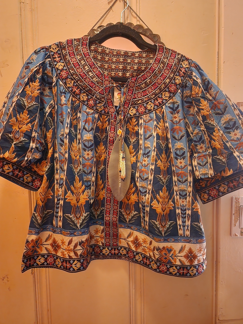 Bohemian Blue Floral Embroidered Peasant Blouse